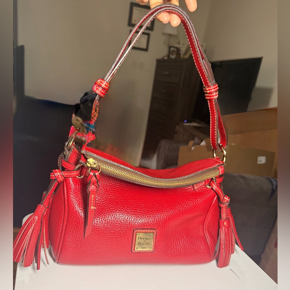 Dooney & Bourke Red Pebble Leather Shoulder Bag with Tassels